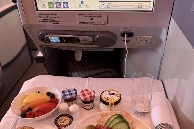 Emirates A380 breakfast meal tray